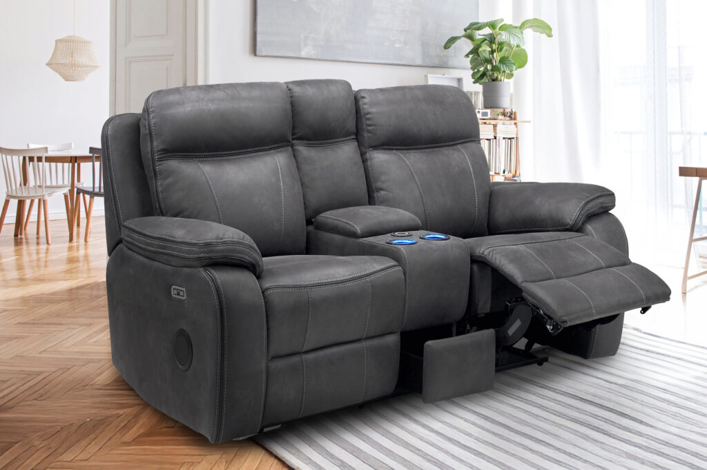 Reclinersofa Smart Sofas Collection (Francesca row of two console/Row of three console/3 seats/corner sectional/large corner sectional in Grey & Black in leather and the resisliant fabric)